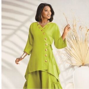 ASHRO Bailey Linen Blend Asymmetrical BohoTunic | Chartreuse / Olive Green | 16